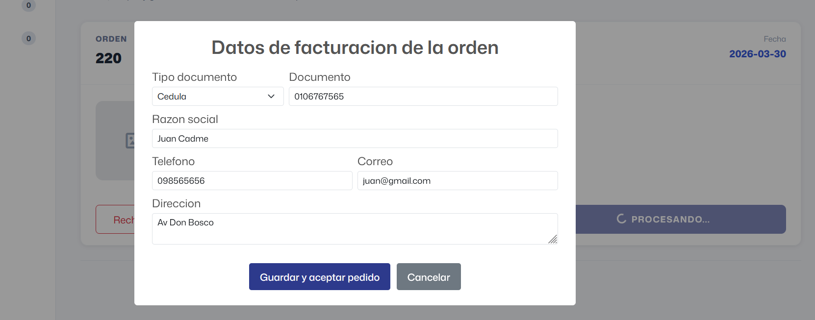 Datos de Facturación